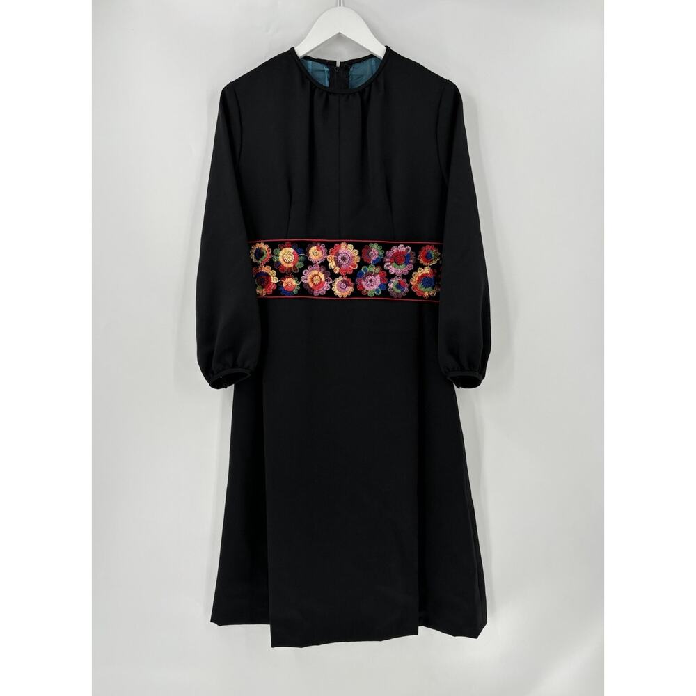 Vintage Handmade Dress Womens Large XL Black Floral Embroidered Midi Long Sleeve
